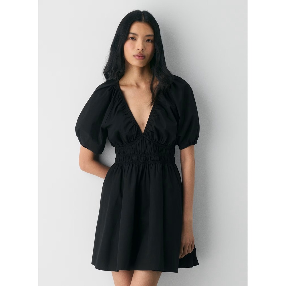 NWT Wilfred Aritzia Mason Poplin Dress Size L Black Cotton Smocked Puff Sleeve